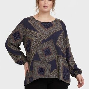 ING+ Women's Blouse 3X Paisley Print Bo-Ho Chic Long Sleeve Elastic Cuffs NWT